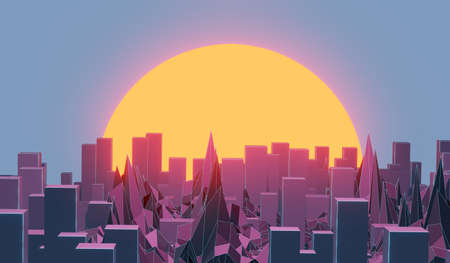 futuristic night city with skyscrapers in haze and setting sun, big city smog, 3d illustrationの写真素材