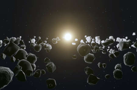 Many asteroids or meteorites in the space horizon with Sun in the center, 3d render