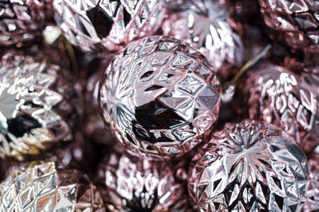 Glass Christmas shiny balls close up, tree toy, soft focus