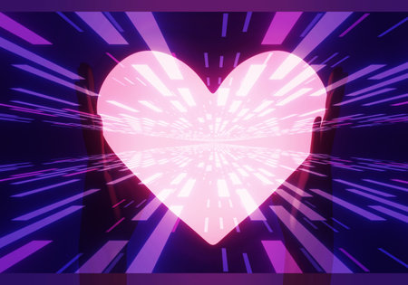 Hold a luminous bright heart in hands. Giving a heart, love. Heart symbol in hands. 3d illustration