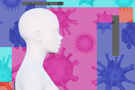 minimal female head and virus cells, side view, spread virus infection concept, 3d render