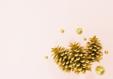 A decorative golden pine cones with copy space, 3d renderの写真素材