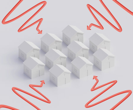 Small gray houses, futuristic town block abstract representation, street, quarter. 3d illustrationの写真素材