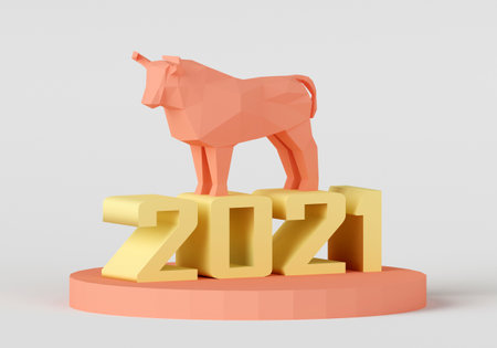 figurine of a low poly bull on a stand with yellow number 2021, a symbol of the new year, 3d renderの写真素材