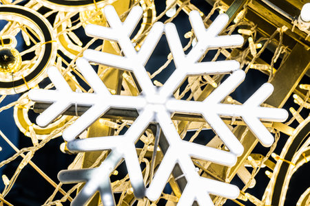 Light Snowflake - Christmas street decorations in park, evening photoの写真素材
