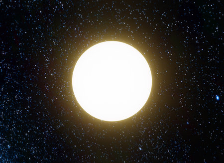 Yellow Star or Sun in cosmos. Space flight to the star, 3d renderの写真素材