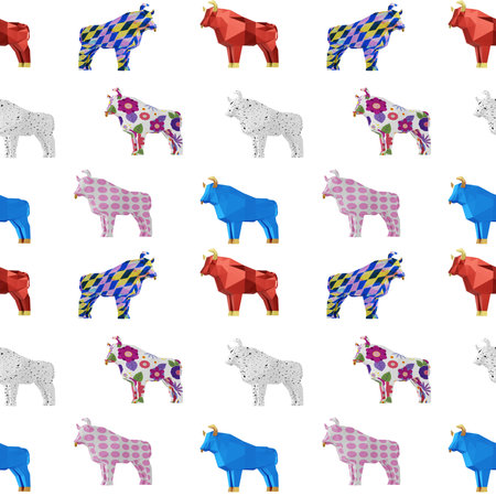 Seamless pattern of colored Bulls, 3d renderの写真素材