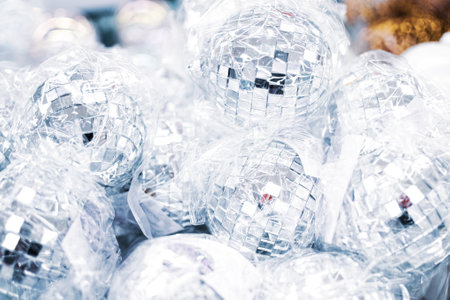 A lot of Christmas disco balls close up in supermarketの写真素材