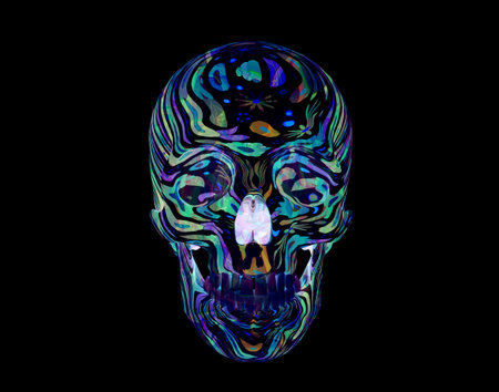 Decorative flower Skull on black background, 3d renderの写真素材