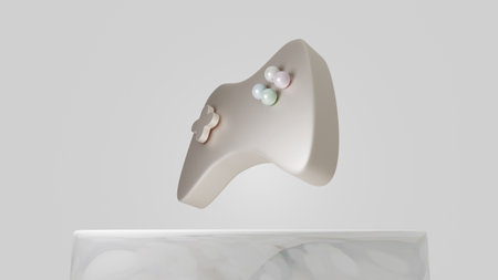 Cute minimalistic game joystick on marble stand, computer gaming concept, 3d render