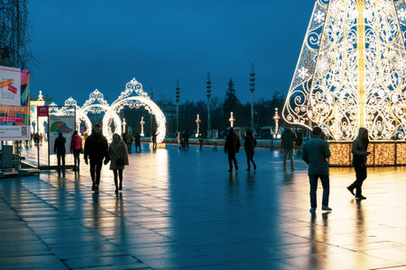 Moscow, Russia - November 29, 2020: Christmas street decorations in VDNKH park, wintertime, evening photoのeditorial素材