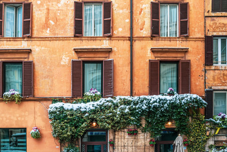 Rome, Italy - February 26, 2018: Fragment of a building with foliage under the snow. Rome under the snow. Abnormal snow falls in Rome. Snow on Rome for the first time in six yearsのeditorial素材