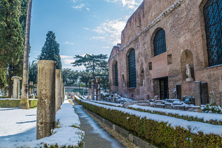 Rome, Italy - February 26, 2018: National Museum of Rome, Baths of Diocletian under snow. Abnormal snow falls in Rome. Snow on Rome for the first time in six yearsのeditorial素材