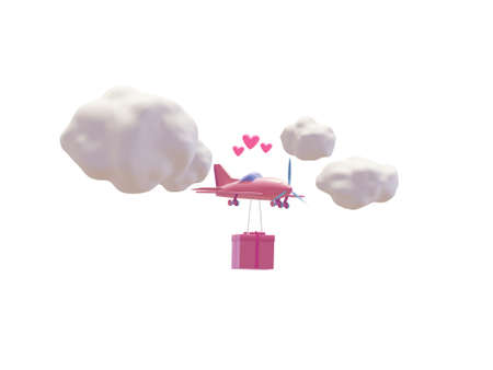 Pink airplane is carrying a great gift for the holiday, airplane in the clouds. 3d illustration