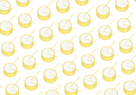 Yellow snare drums and drumsticks isolated on white background. Minimal drums pattern, 3d illustrationの写真素材