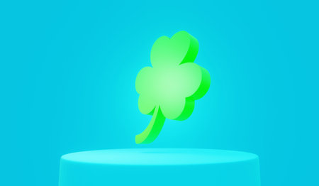Green three-leaf clover on a blue stand, St. Patrick's Day, 3d renderの写真素材