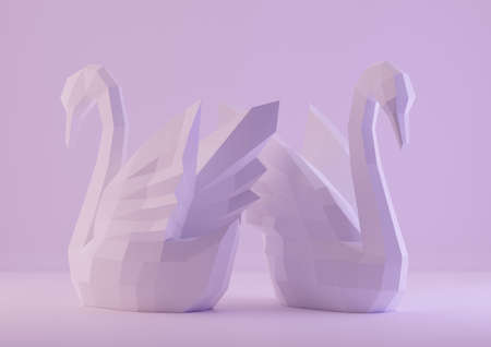 Paper sculpture of a polygonal Swans, folded paper animal, papercraft, two swans love concept, 3d renderの写真素材