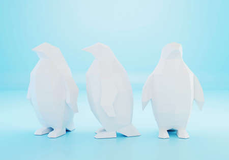 Paper sculpture of a low poly Penguins, folded paper animal, papercraft, 3d renderの写真素材