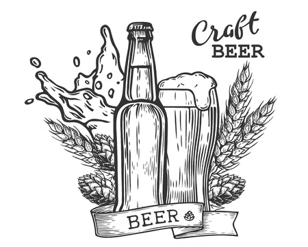 Wheat beer ads, beer bottle and glass with beer and ribbon. Vintage vector engraving illustration for web, poster, invitation to party. Hand drawn design element isolated on white background.のイラスト素材