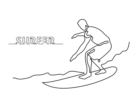 Continuous line drawing of surfer on a surfboard on wave vector illustration.のイラスト素材
