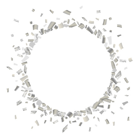Silver splash or glittering spangles round frame with empty center for text. Silver glittering circle made of confetti on white background vector illustration.のイラスト素材