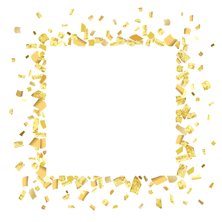 Golden splash or glittering spangles square frame with empty center for text. Golden glittering rectangle made of confetti on white background vector illustration.のイラスト素材