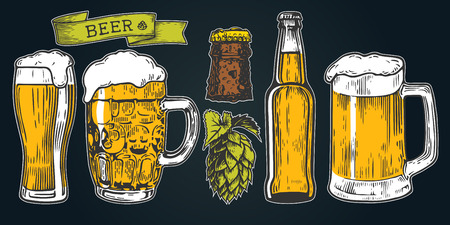 Color beer glass, mug, ribbon, bottle, and hop. Vintage vector engraving illustration for web, poster, invitation to party. Hand drawn design element isolated on black background.のイラスト素材