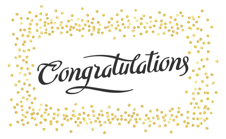 Congratulations text, Abstract pattern of random gold dots with calligraphy lettering in center.のイラスト素材