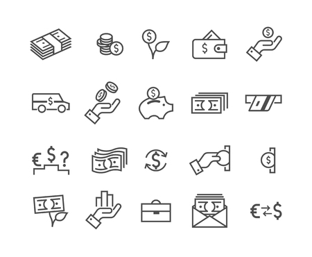 Simple set of Money icon. Contains such Icons as Banking, Wallet and Coins signs. Credit card, Currency exchange and Cash Back service. Euro and Dollar symbols. Vector illustrationのイラスト素材