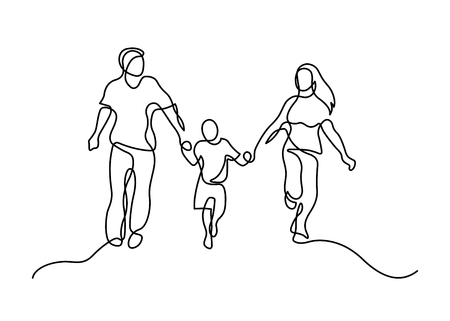 Continuous line drawing of happy family  running. Vector illustration on white background