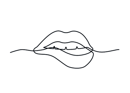 Continuous line drawing of biting lips on white background.のイラスト素材