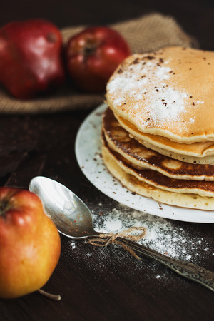 Pancake with fruits and berries on plate on table close up.の写真素材