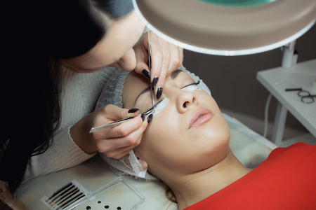 Eyelash Extension Procedure. Woman Eye with Long Eyelashes.