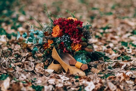 wedding attributes such as earrings, shoes, perfume, handbag.の写真素材