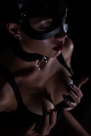 Brunette girl in a cat maskの写真素材