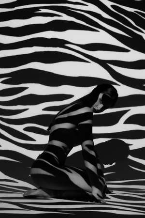 Fashion art studio portrait of elegant naked lady with shadow on her bodyの写真素材