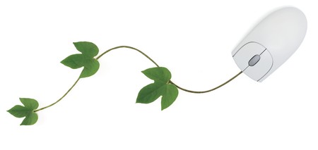 A three-button computer mouse with a green vine as its cord symbolizing concepts from convergence of digital and green technologies to using an online gardening forum. の写真素材
