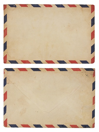 The front and back of an aging airmail envelope with red and blue striped border. の写真素材