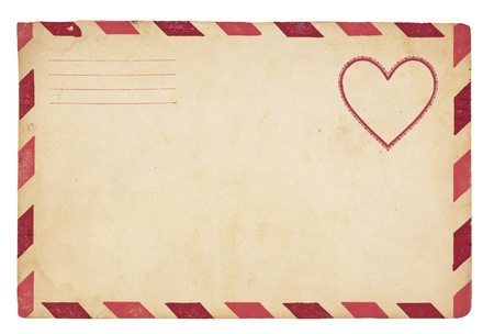The front of an vintage Valentine-themed envelope with red striped border. Isolated on white with clipping path.の写真素材
