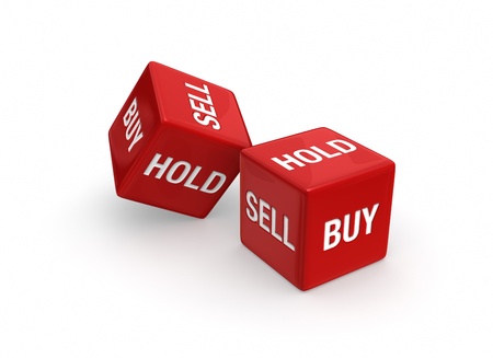 Photo-real illustration of Two red dice engraved with "Buy", "Sell", and "Hold" embossed on sides.  Isolated on white background.の写真素材