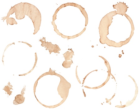 Collection of various brown coffee stains isolated on white.の写真素材