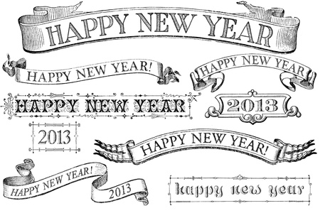 A set of distressed, old-style Happy New Year stamps for 2013. Similar in style to imprints from the 1800s.  Isolated on white.の写真素材