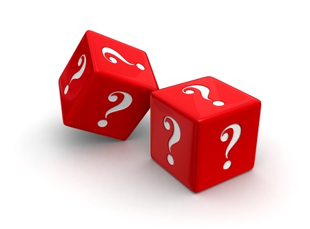 Photo-real illustration of two red dice engraved with question mark symbols on white background.の写真素材