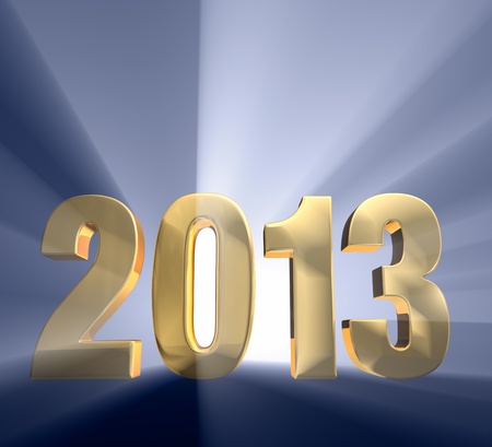 Gold 2013 on dark blue background brilliantly backlight with light rays shining through.の写真素材