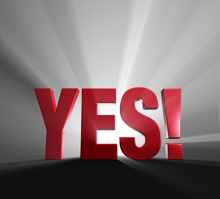 Red word  YES   on dark background and brilliantly backlit with light rays shining through の写真素材
