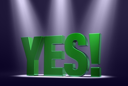 Green word  YES   on dark background highlighted by three bright, blue-tinted spotlights の写真素材