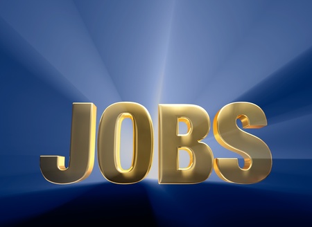 Shiny gold  JOBS  on dark blue background brilliantly backlight with light rays shining through の写真素材