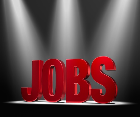 Shiny red  JOBS  in the dark, gleaming under three bright spotlights の写真素材