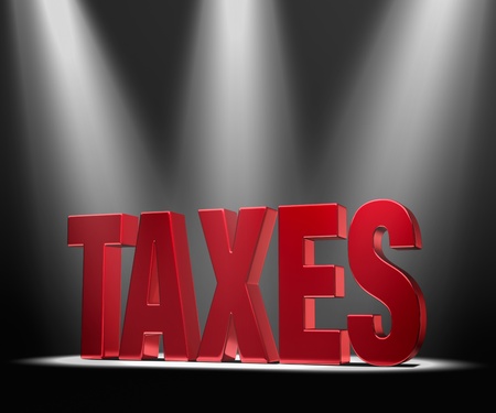 Shiny red  TAXES  on a dark background brilliantly backlit by three spotlights の写真素材