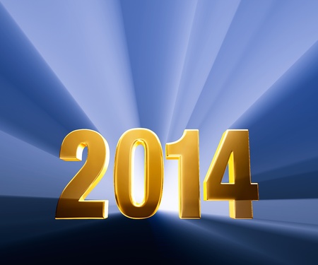 Gold 2014 on dark blue background brilliantly backlit with light rays shining through の写真素材